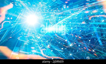 Viele Verbindungspunkte auf der Welt fließen in den Cyberspace, ein Konnektivitätskonzept. Stockfoto