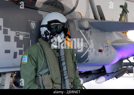 Brasilianischer F-39E Gripen, das Kampfflugzeug der brasilianischen Luftwaffe, hergestellt von Saab ab, Replik-Ausstellung Stockfoto