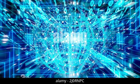 Internetsymbol mit Verbindungspunkten durch den Cyberspace-Tunnel Stockfoto