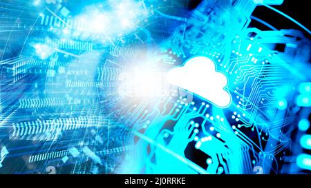Cloud Computing durch Cyberspace, digitale Signale, optische Fasern, Informationstunnel, Konzept der künstlichen Intelligenz Stockfoto