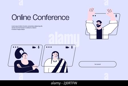 Vorlage für die Landing Web Page einer virtuellen Konferenz für Videoanruf Stock Vektor