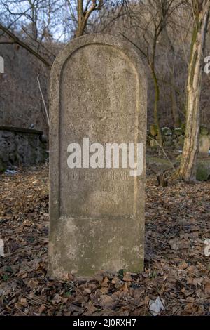 Alte alte alte verlassene jüdische Friedhof im Wald im Winter. Gealterte Grabsteine oder Grabsteine auf dem Friedhof. Stockfoto