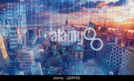 Smart City mit einem Konzept zur Datenfluß, Zukunftsorientierung und Datenumwandlung Stockfoto