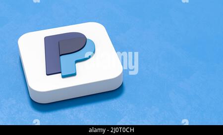 PayPal-Logo-Symbol auf blauem Hintergrund mit Kopierbereich Stockfoto