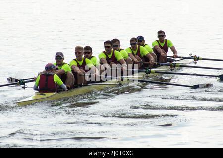 London, Großbritannien. 20. März 2022. Cambridge University Boat Club Blue Boat Vs. Oxford Brookes. Olympian Matthew Pinsent schiebt das Rennen zwischen den beiden Mannschaften der Männer aus, wobei Oxford Brookes CUBC Blue Boat auf einem Kurs, der an der Putney Bridge beginnt und in Chiswick endet, besiegt. Kredit: Peter Hogan/Alamy Live Nachrichten Stockfoto