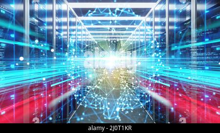 Lichtblitzen durch Datenserver-Tunnel, Blockchain, Binärcode, intelligentes System, Konzept der künstlichen Intelligenz Stockfoto