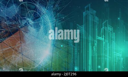 Smart City mit Trichterfunke, futuristisches, künstliches Intelligenzkonzept Stockfoto