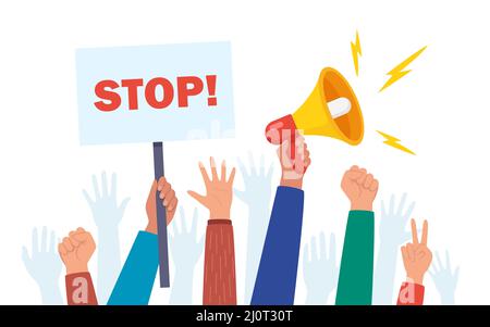 Protestierende halten Protestschilder, eine Menge wütender Menschen Stock Vektor