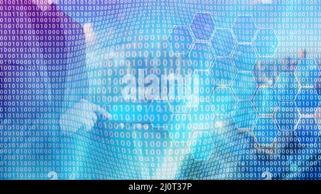 Geschäftsmann berühren iPad mit einem Finger auf einem Null-Eins-Hintergrund, Datenfluss, Datentransformation, künstliche Intelligenz Konzept Stockfoto