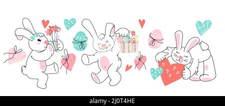 Osterkaninchen mit Herzen und Eiern. Frühlingsdesign für Ostern, flache Vektorgrafik isoliert auf weißem Hintergrund. Stock Vektor