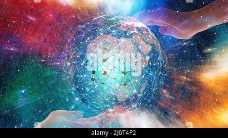 Die Vorstellung, Daten im Cyberspace zu berühren, menschliche Hand versucht, Globendaten im Cyberspace zu berühren, Datentransformationskonzept Stockfoto