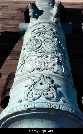 Eine geschlossene Ansicht einer alten spanischen Kanonen auf dem Castillo De San Marcos National Monument.St.Augustine.Florida.USA Stockfoto