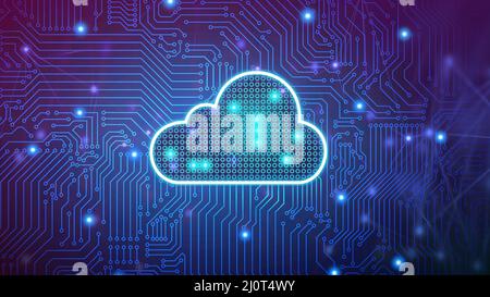 Chipsatz voller Daten in der Cloud, Datenverarbeitung, Datenverschlüsselung, Cloud-Computing-Konzept Stockfoto