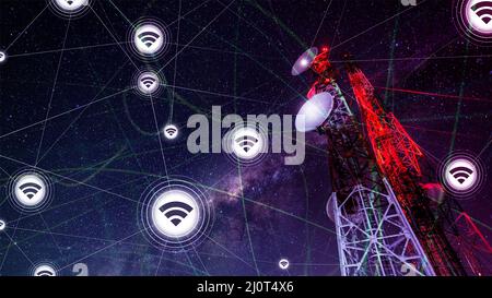 Ein Satellit mit Daten, die durch WiFi, Internet der Dinge, futuristisches, Datentransformationskonzept fließen Stockfoto