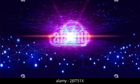 Datenfluss durch die Cloud im Cyberspace, Datenverarbeitung, Cloud Computing, Konzept der künstlichen Intelligenz Stockfoto