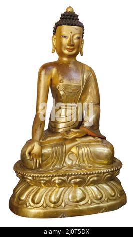 Wunderschön leuchtender klassischer Buddha Shakyamuni. Siddhartha Gautama. Goldene Statue mit offenen Augen isoliert auf weißem Hintergrund Stockfoto