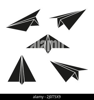 Papierflugzeuge eingestellt. Nachricht senden schwarz Silhouetten falten Ebenen Sammlung. Stock Vektor
