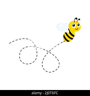Fliegende niedliche Biene mit gepunkteter Route. Vektorgrafik isoliert auf Weiß. Stock Vektor