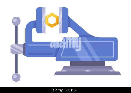 Blauer Schraubstock aus Eisen. Master-Ausrüstung. Die Mutter wird in einen Schraubstock eingespannt. Stock Vektor