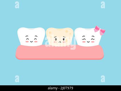 Niedlicher weißer Zahn und ein Zahn mit gelber Plaque-Ikone. Stock Vektor