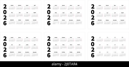 Satz von 2026-Jahres-einfachen horizontalen A4-Kalender in englisch, spanisch, russisch, französisch, chinesisch und deutsch, typografische Kalender isoliert Stock Vektor