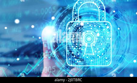 Das Datensicherheitsschloss im Cyberspace, Datenverschlüsselung, Cybersicherheitskonzept Stockfoto