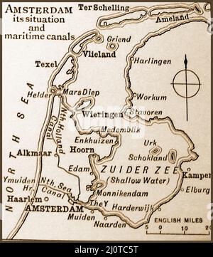 Eine viktorianische Karte/Plan von Amsterdam und der Zuider Zee im Jahr 1893 mit einer Entfernungsskala in Engllsh Miles Stockfoto