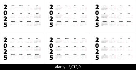 Satz von 2025-Jahres-einfachen horizontalen A4-Kalender in englisch, spanisch, russisch, französisch, chinesisch und deutsch, typografische Kalender isoliert Stock Vektor