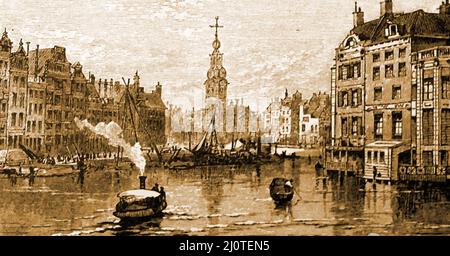 Ein Stich aus dem 19.. Jahrhundert, der Amsterdam von der Amstel aus zeigt. Aus dem einst kleinen Dorf wurde eine Stadt. Sein Name leitet sich vom Hochwasserschutzdamm Amstel ab Stockfoto