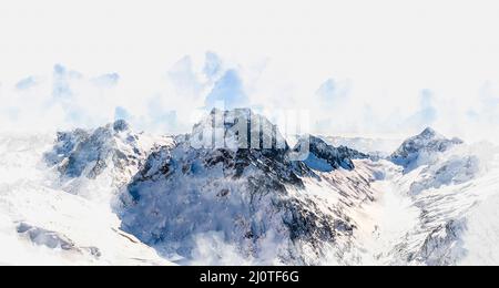 Aquarell-Malerei Illustration von hohen Bergen mit Schnee bedeckt Stockfoto