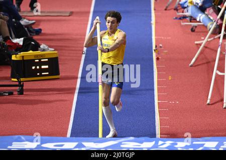 Belgrad, Serbien. 20. März 2022. BELGRAD 20220320 Armand Duplantis aus Schweden während der Männer-Stabhochzeit bei den Leichtathletik-Hallenweltmeisterschaften in Belgrad, Serbien, März 20 2022. Foto: Jessica Gow / TT kod 10070 Quelle: TT News Agency/Alamy Live News Stockfoto