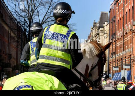 Cardiff, Wales - 2022. März: Rückansicht eines berittenen Polizisten, der im Stadtzentrum von Cardiff Dienst hat Stockfoto