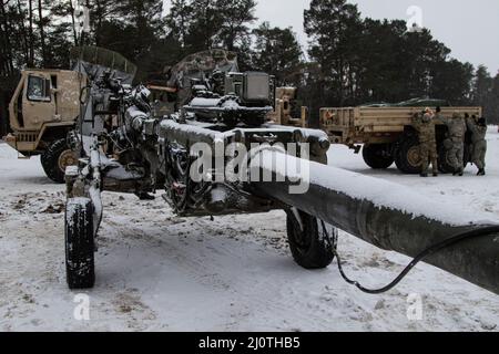 Charlie Battery, 120th Field Artillery Regiment, 32nd Infantry Brigade Combat Team, Wisconsin National Guard, reagierte auf ein simuliertes chemisches Reaktionsereignis in Camp Greyling, mich, 25. Januar 2022. Die Veranstaltung fand im Rahmen des Northern Strike 22-1 („Winterstreiks“) statt, einer vom National Guard Bureau gesponserten Übung, die am 21-30. Januar mit Teilnehmern aus mehreren US-Bundesstaaten und Partnerstreitkräften im Camp Greyling Joint Maneuver Training Center und im Alpena Combat Readiness Training Center, Michigan, stattfand. Die zusammen das National All-Domain Warfighting Center (NADWC) (USA Armee Nationalgarde Foto von Stockfoto