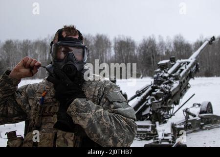 Charlie Battery, 120th Field Artillery Regiment, 32nd Infantry Brigade Combat Team, Wisconsin National Guard, reagierte auf ein simuliertes chemisches Reaktionsereignis in Camp Greyling, mich, 25. Januar 2022. Die Veranstaltung fand im Rahmen des Northern Strike 22-1 („Winterstreiks“) statt, einer vom National Guard Bureau gesponserten Übung, die am 21-30. Januar mit Teilnehmern aus mehreren US-Bundesstaaten und Partnerstreitkräften im Camp Greyling Joint Maneuver Training Center und im Alpena Combat Readiness Training Center, Michigan, stattfand. Die zusammen das National All-Domain Warfighting Center (NADWC) (USA Armee Nationalgarde Foto von Stockfoto