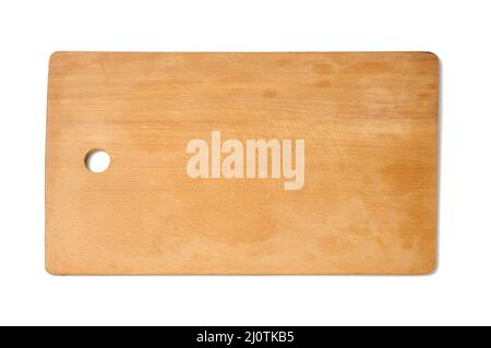 Leere rechteckige Holzküche Schneidebrett. Weißer Hintergrund, Draufsicht Stockfoto