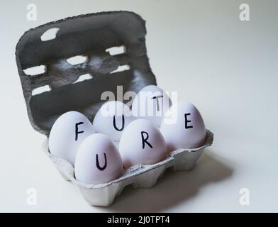 Was wird die Zukunft bringen. Studioaufnahme einer Kiste vor grauem Hintergrund, die ein halbes Dutzend Eier mit dem Wort Zukunft enthält. Stockfoto