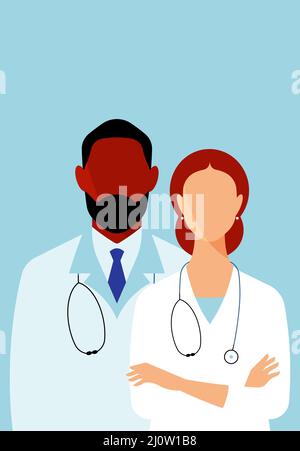 Zwei Ärzte mit Stethoskopen. Schwarzer Mann und weiße Frau im medizinischen Mantel stehen zusammen auf festem Hintergrund. Vorderansicht, Porträts, Ärzteteam. M Stockfoto