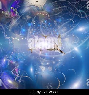 Ewige Räume. Surreale Komposition mit Zeitspiralen und Engeln. 3D Rendern Stockfoto