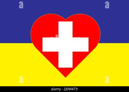 Herz in den Farben der Flagge der Schweiz auf der Flagge der Ukraine gemalt. Abbildung eines Herzens mit dem nationalen Symbol der Schweiz auf einem BL Stock Vektor
