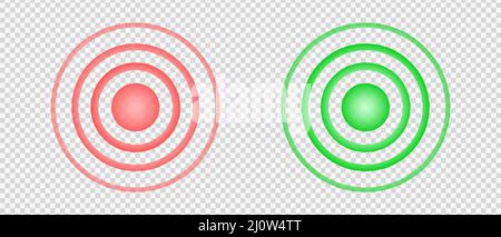 Konzentrische rote und grüne Zeichen. Schmerzen und Heilungspunkte. Verletzende und schmerzende Symbole. Runde Lokalisierungssymbole. Radar, Schall oder Echolotwelle isoliert auf transparentem Hintergrund. Vektorgrafik Stock Vektor