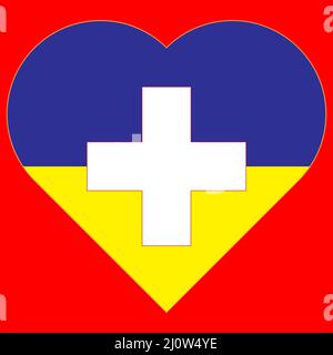 Ein Herz in den Farben der Flagge der Ukraine auf der Flagge der Schweiz gemalt. Darstellung eines blauen und gelben Herzens auf dem nationalen Symbol. Stock Vektor