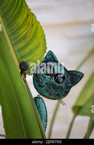 Hinter einem Blatt von Strelizia gucken eine Deko-Katze hervor. Stockfoto