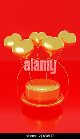 3D abstrakte Liebe Hintergrund. Rotes Podium mit goldenen Luftballons Herzen. Valentinstag, Hochzeit, Muttertag, Geburtstag. Minimalistisches Schaufenster in Rot Stockfoto