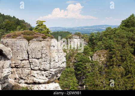 Hruboskalske skalni mesto Felspanorama, Sandsteinfelsen Stadt, Cesky raj, böhmisches oder Böhmisches Paradies, Tschechische Republik Stockfoto