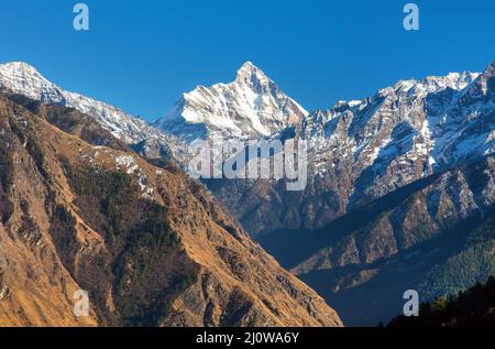 Mount Nanda Devi, eines der besten Reittiere im indischen Himalaya, von Joshimath Auli aus gesehen, Uttarakhand, Indien Stockfoto