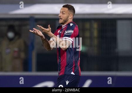 Bologna, Italien. 20. März 2022. Marko Arnautovic vom FC Bologna reagiert während des Serie-A-Spiels zwischen dem FC Bologna und Atalanta BC im Stadio Renato Dall'Ara am 20. März 2022. Quelle: Ciancaphoto Studio/Alamy Live News Stockfoto