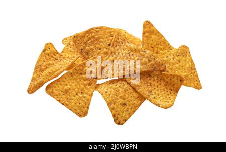 Maischips, heiße mexikanische Nachos isoliert auf weißem Hintergrund Stockfoto