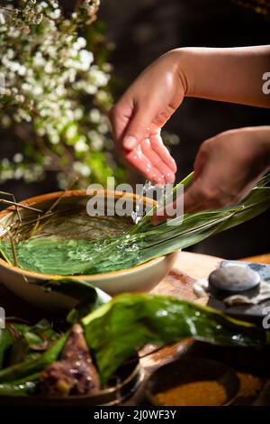 Vorbereitung von Lebensmittelmaterialien von Zongzi Stockfoto