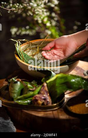 Vorbereitung von Lebensmittelmaterialien von Zongzi Stockfoto