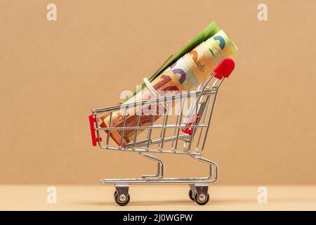 Warenkorb voller Euro-Banknoten Stockfoto